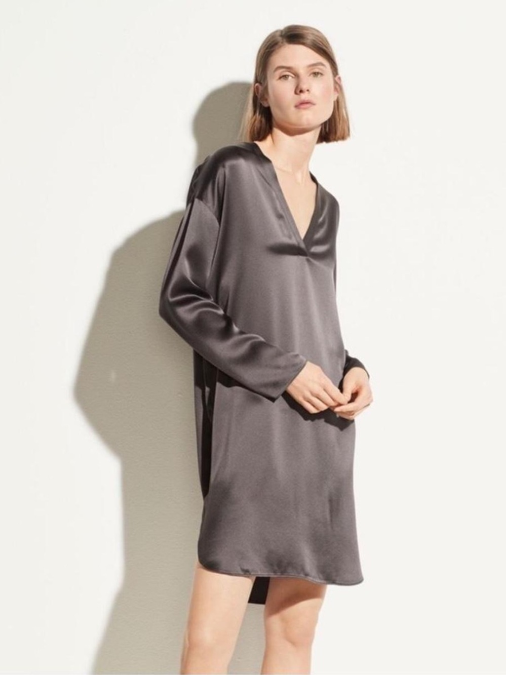 Vince 100% Silk V-Neck Tunic Shift Dress Charcoal Gray Size S
